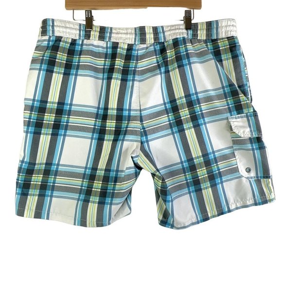 Caribbean Joe Mens Swim Trunks Large Aqua Green Gray Plaid Hawaiian Pocket GUC - Picture 2 of 14